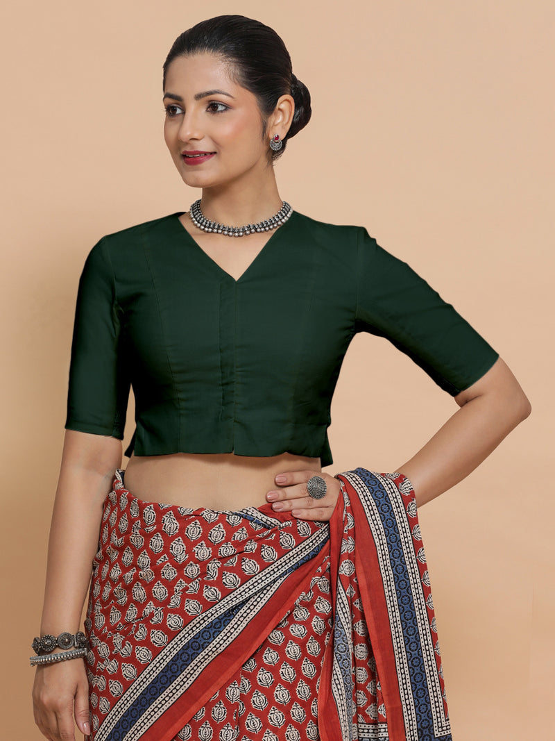 Chaya x Rozaana | V-Neck Moss Green Plain Cotton Saree Blouse-Binks