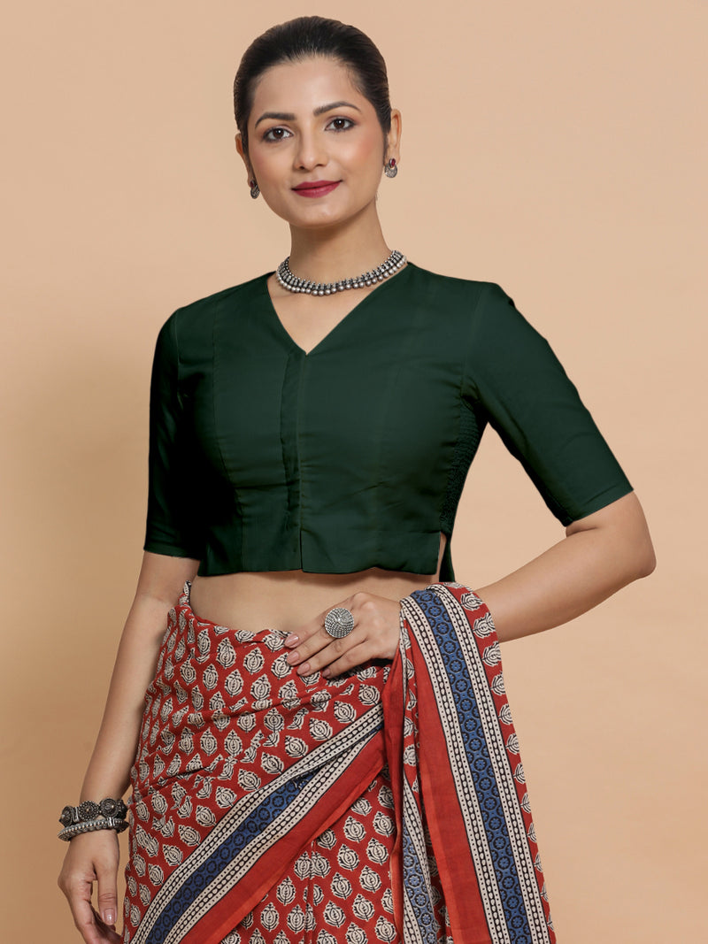Chaya x Rozaana | V-Neck Moss Green Plain Cotton Saree Blouse-Binks