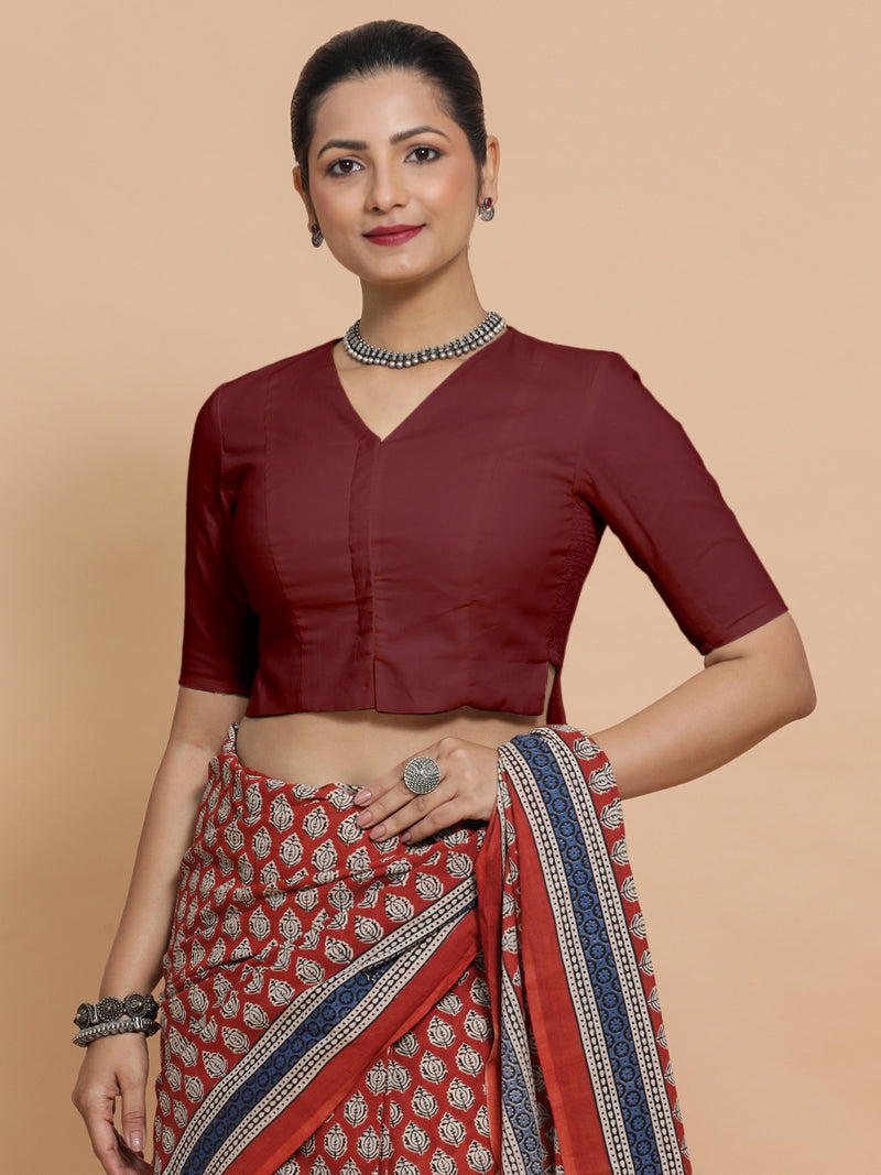 Chaya x Rozaana | V-Neck Royal Maroon Plain Cotton Saree Blouse-Binks