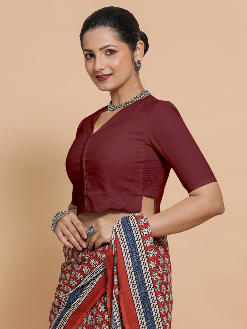 Chaya x Rozaana | V-Neck Royal Maroon Plain Cotton Saree Blouse-Binks