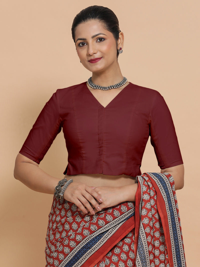Chaya x Rozaana | V-Neck Royal Maroon Plain Cotton Saree Blouse-Binks