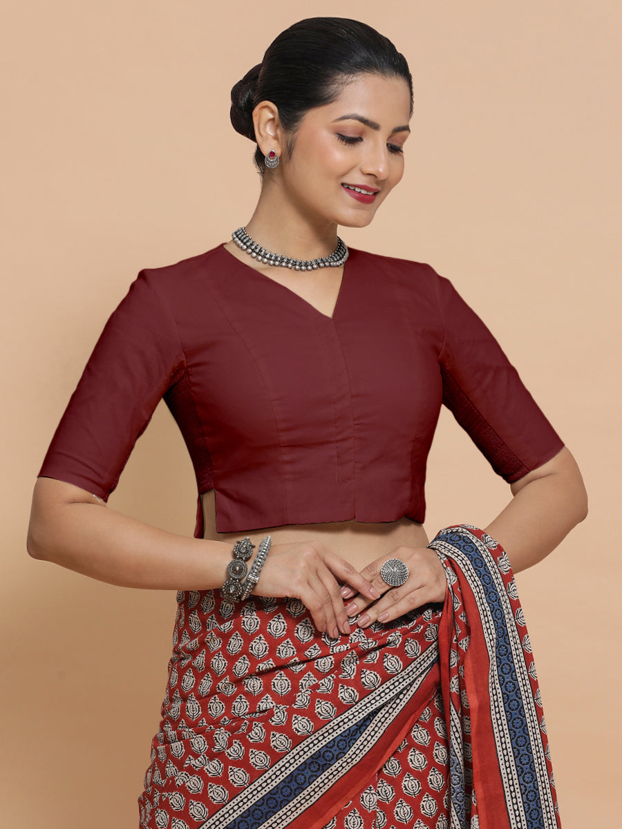 Chaya x Rozaana Saree Blouse, in Maroon Cotton, featuring elbow sleeves and v-neckline, made for daily & work (view 7).