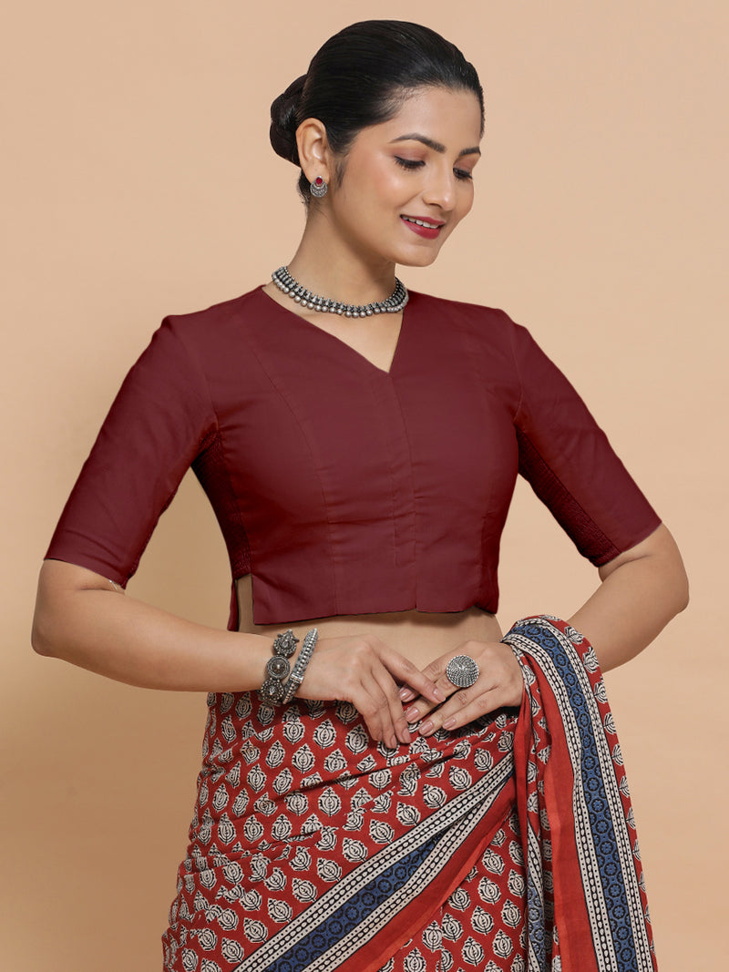 Chaya x Rozaana | V-Neck Royal Maroon Plain Cotton Saree Blouse-Binks