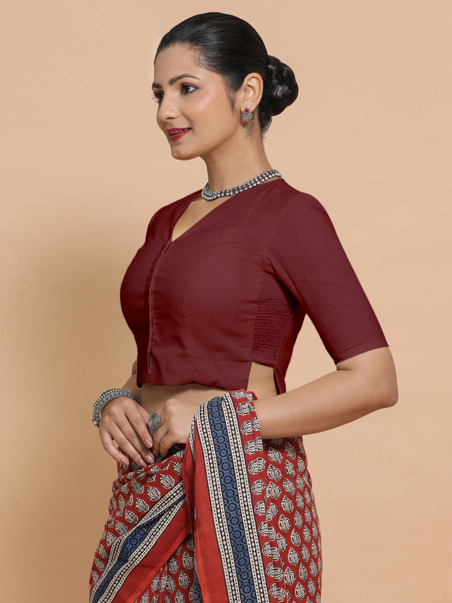 Chaya x Rozaana Saree Blouse, in Maroon Cotton, featuring elbow sleeves and v-neckline, made for daily & work (view 8).
