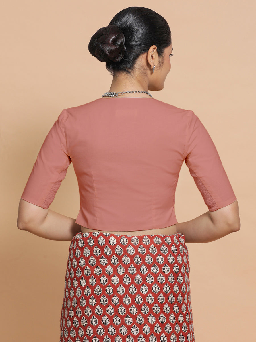 Chaya x Rozaana Saree Blouse, in Peach Cotton, featuring elbow sleeves and v-neckline, made for daily & work (view 2).