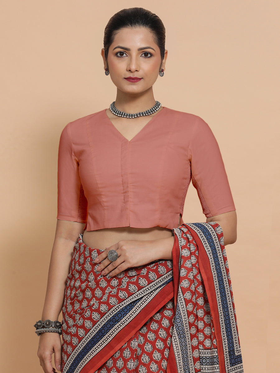 Chaya x Rozaana Saree Blouse, in Peach Cotton, featuring elbow sleeves and v-neckline, made for daily & work (view 5).