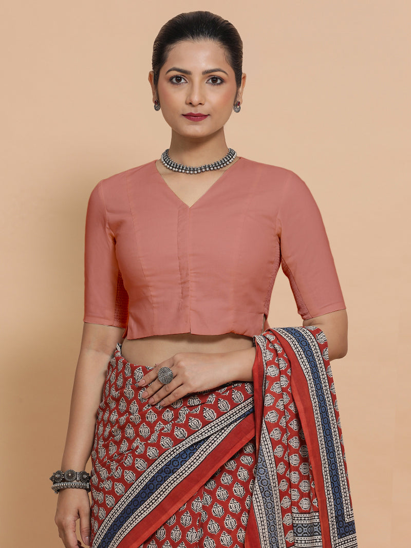 Chaya x Rozaana | V-Neck Soft Peach Plain Cotton Saree Blouse-Binks