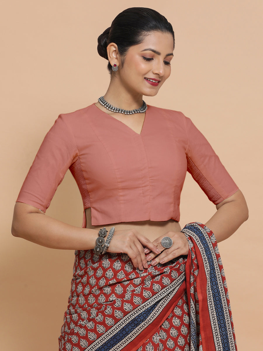Chaya x Rozaana Saree Blouse, in Peach Cotton, featuring elbow sleeves and v-neckline, made for daily & work (view 8).