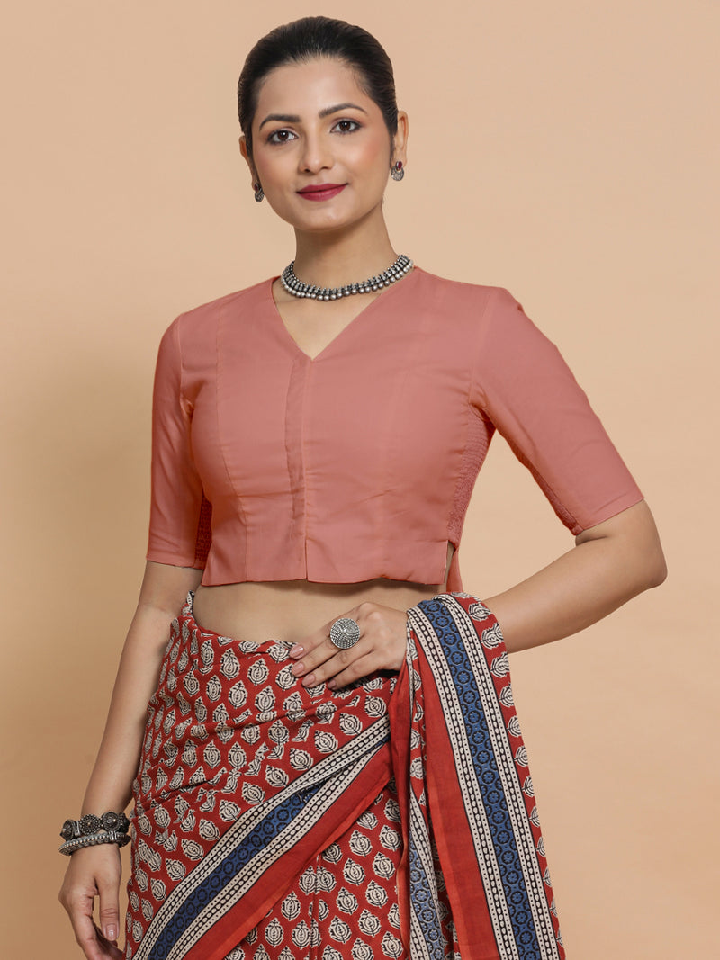 Chaya x Rozaana | V-Neck Soft Peach Plain Cotton Saree Blouse-Binks