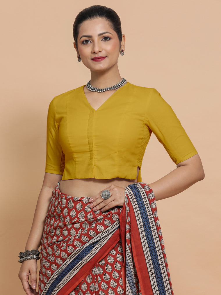 Chaya x Rozaana Saree Blouse, in Yellow Cotton, featuring elbow sleeves and v-neckline, made for daily & work.