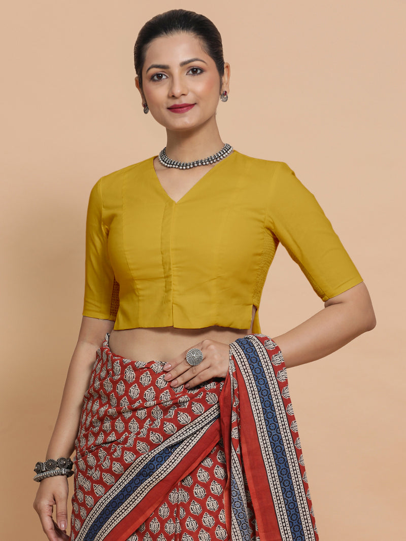 Chaya x Rozaana | V-Neck Sunny Yellow Plain Cotton Saree Blouse-Binks
