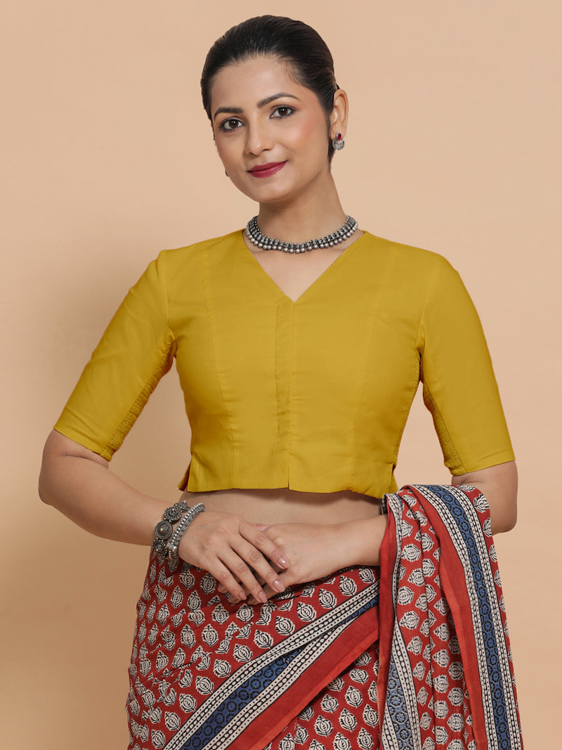 Chaya x Rozaana | V-Neck Sunny Yellow Plain Cotton Saree Blouse-Binks
