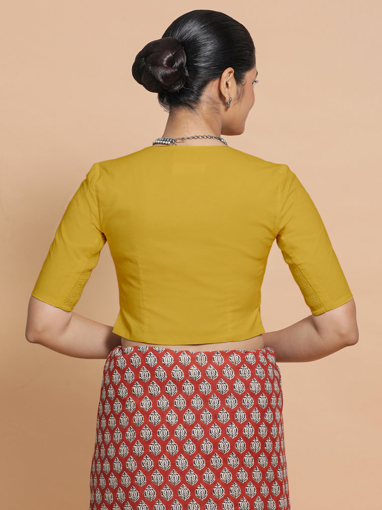 Chaya x Rozaana Saree Blouse, in Yellow Cotton, featuring elbow sleeves and v-neckline, made for daily & work (view 2).
