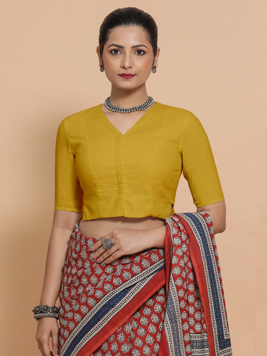 Chaya x Rozaana Saree Blouse, in Yellow Cotton, featuring elbow sleeves and v-neckline, made for daily & work (view 5).