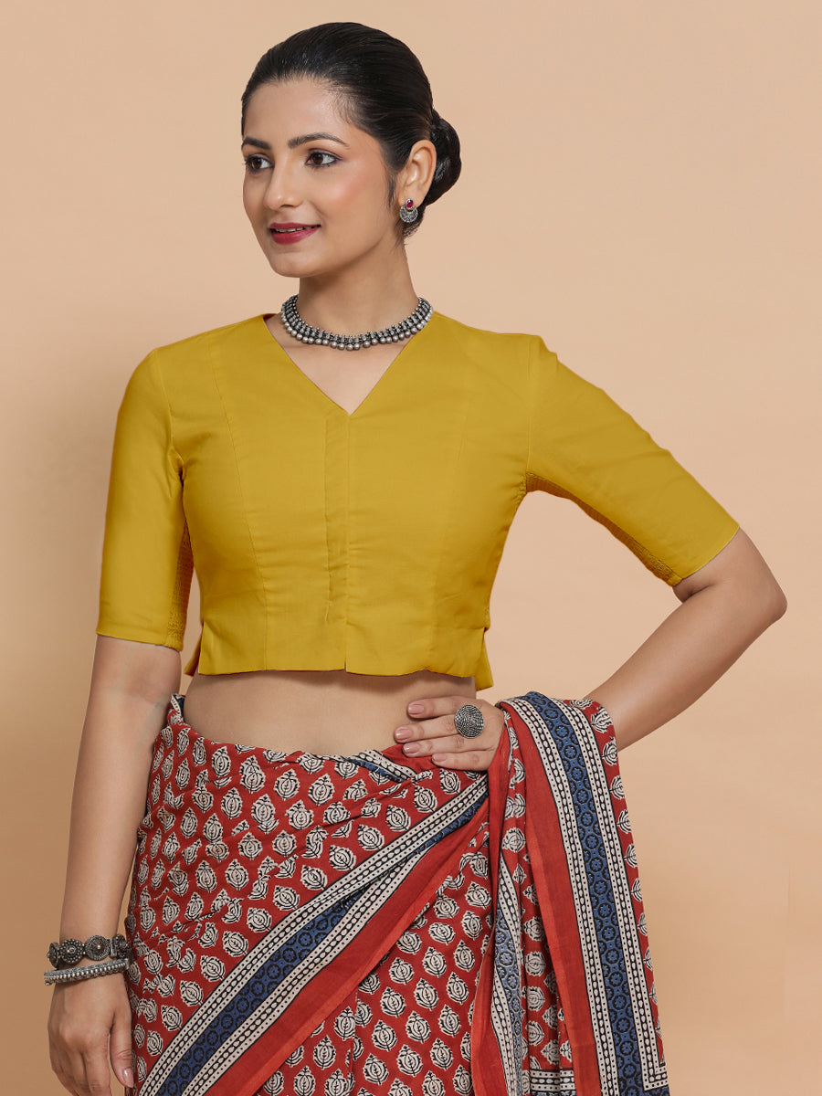 Chaya x Rozaana Saree Blouse, in Yellow Cotton, featuring elbow sleeves and v-neckline, made for daily & work (view 6).