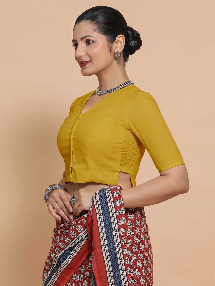 Chaya x Rozaana Saree Blouse, in Yellow Cotton, featuring elbow sleeves and v-neckline, made for daily & work (view 8).