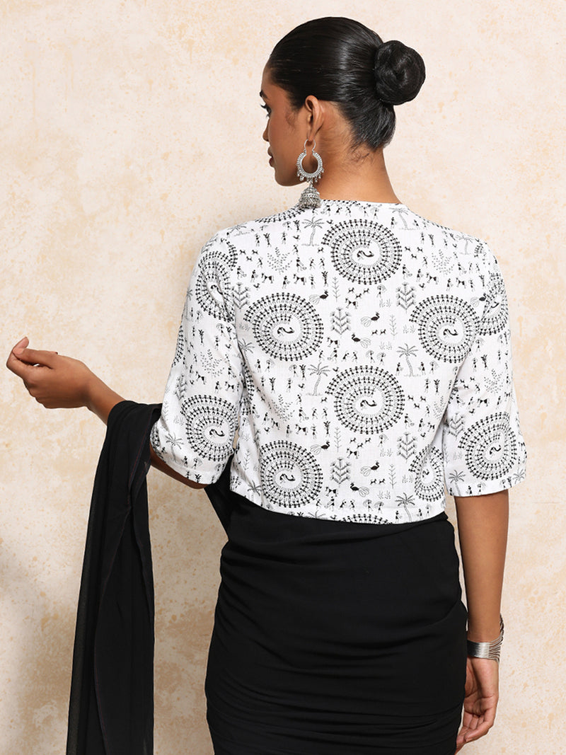 Chitra x Rozaana | Elbow Sleeves Saree Blouse in White Warli Print Cotton-Binks