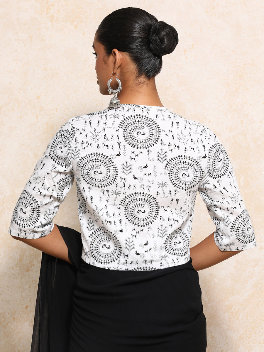 Chitra x Rozaana Saree Blouse, in White 100% Cotton - Block Printed, featuring elbow sleeves and jewel neckline (view 2).