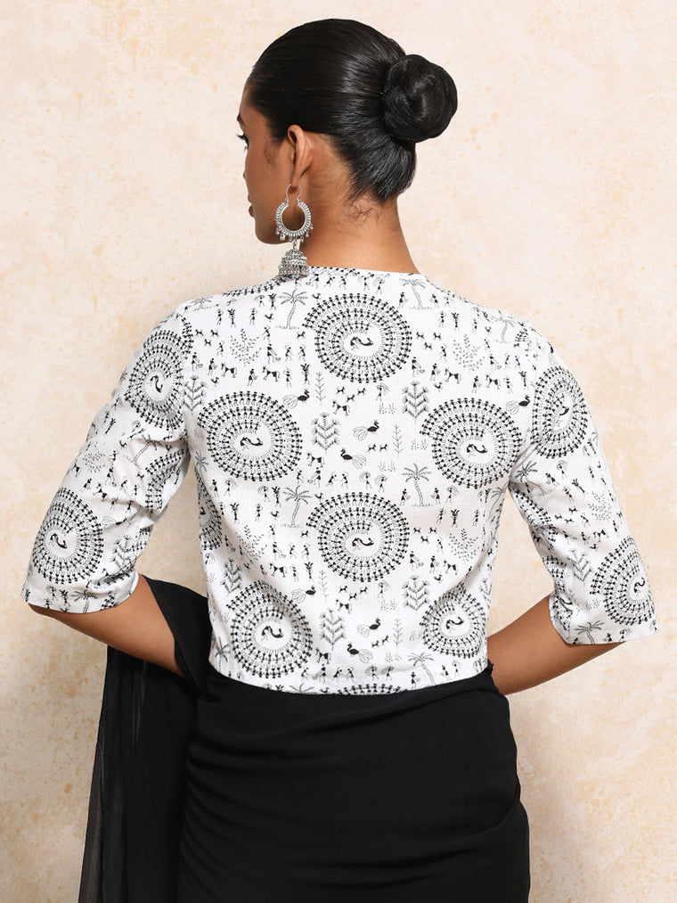 Chitra x Rozaana Saree Blouse, in White 100% Cotton - Block Printed, featuring elbow sleeves and jewel neckline (view 2).