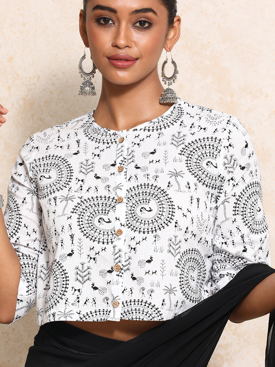 Chitra x Rozaana Saree Blouse, in White 100% Cotton - Block Printed, featuring elbow sleeves and jewel neckline (view 3).