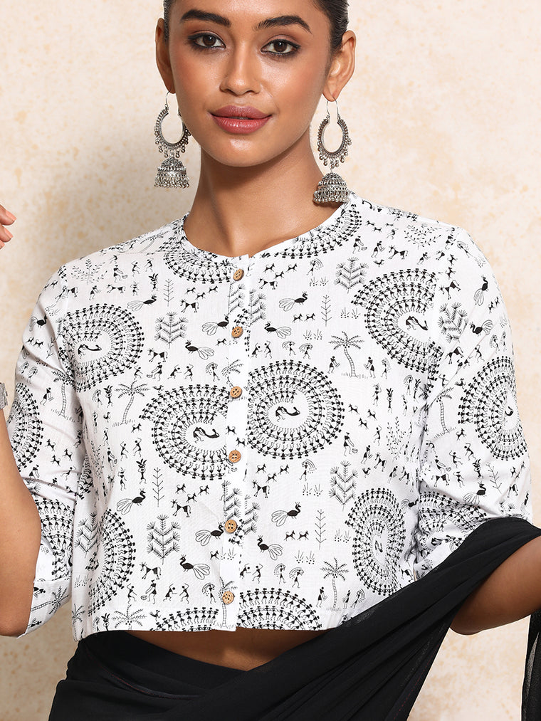Chitra x Rozaana Saree Blouse, in White 100% Cotton - Block Printed, featuring elbow sleeves and jewel neckline (view 3).