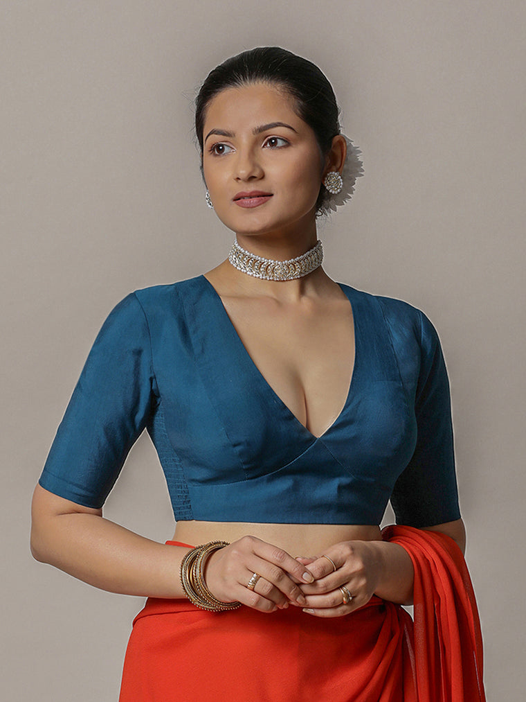 Damini x Rozaana Saree Blouse, in Blue Viscose, featuring elbow sleeves and v-neckline, made for daily & work.