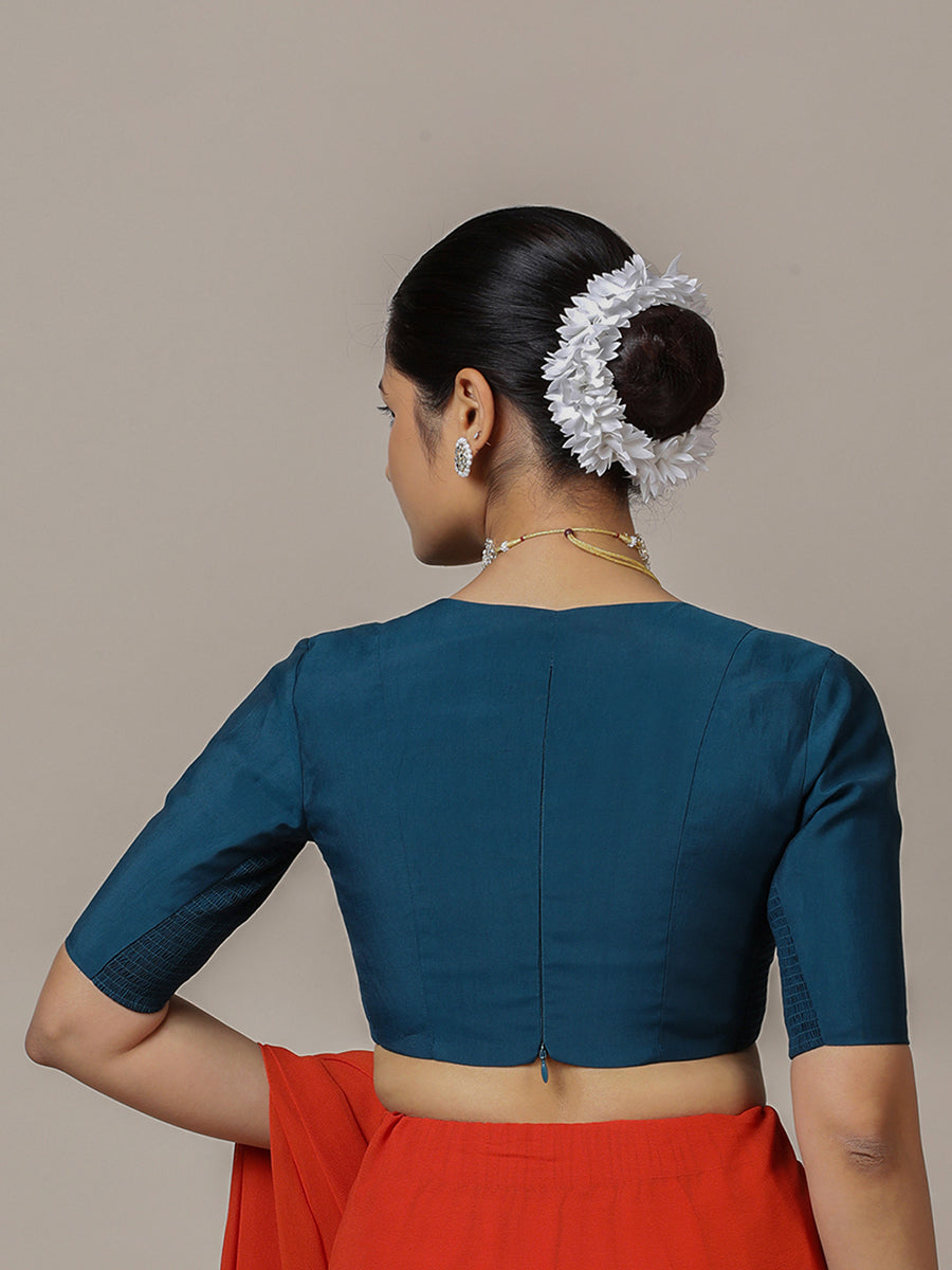 Damini x Rozaana Saree Blouse, in Blue Viscose, featuring elbow sleeves and v-neckline, made for daily & work (view 2).