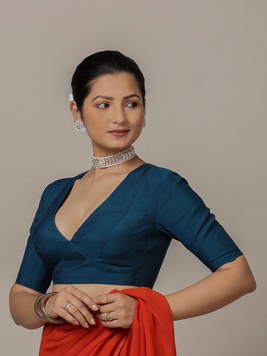 Damini x Rozaana Saree Blouse, in Blue Viscose, featuring elbow sleeves and v-neckline, made for daily & work (view 7).