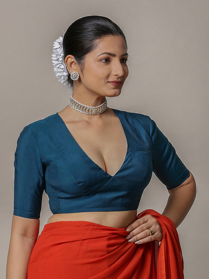 Damini x Rozaana | Crystal Teal Elbow Sleeves FlexiFit™ Saree Blouse with Plunging Neckline-Binks