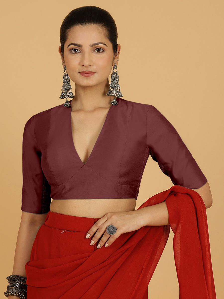 Damini x Rozaana Saree Blouse, in Maroon Viscose, featuring elbow sleeves and v-neckline, made for daily & work.