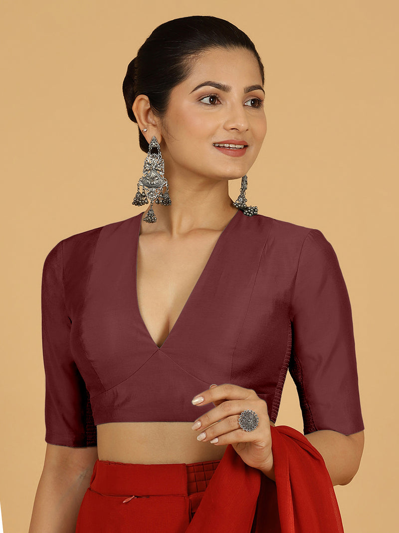 Damini x Rozaana | Deep Maroon Elbow Sleeves V-Neck Saree Blouse-Binks