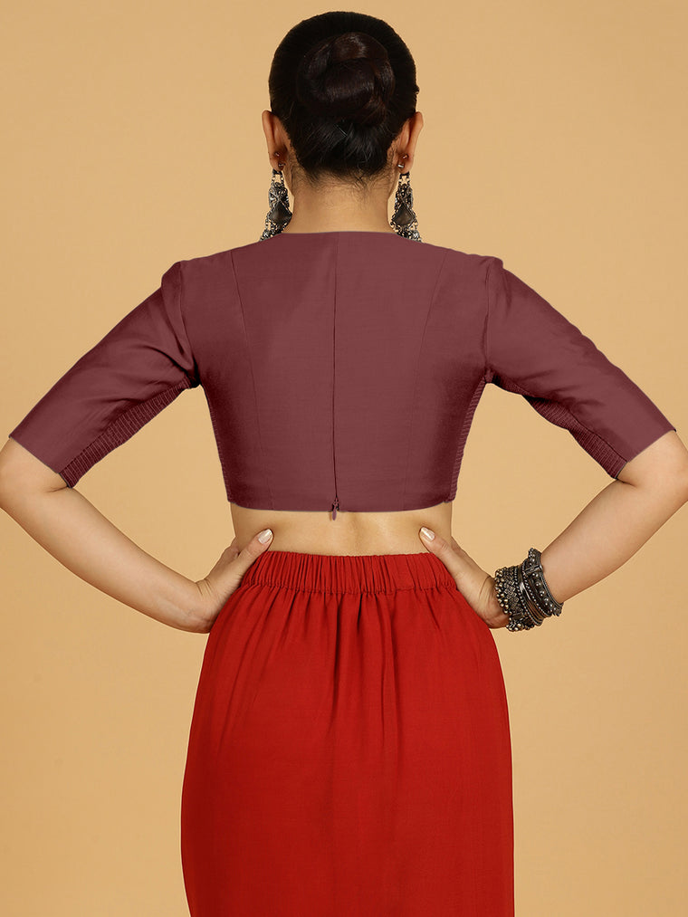 Damini x Rozaana Saree Blouse, in Maroon Viscose, featuring elbow sleeves and v-neckline, made for daily & work (view 2).