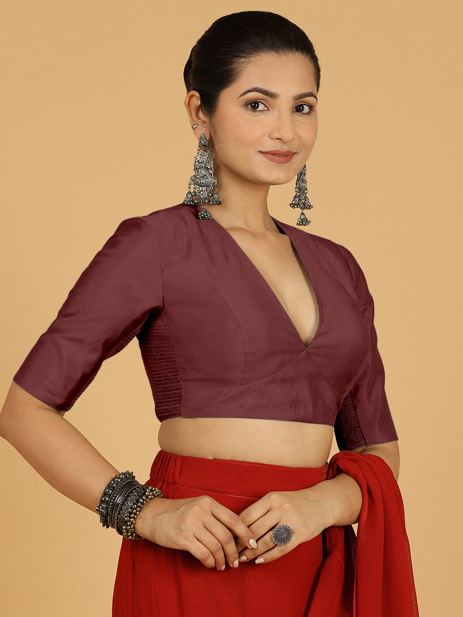 Damini x Rozaana Saree Blouse, in Maroon Viscose, featuring elbow sleeves and v-neckline, made for daily & work (view 5).