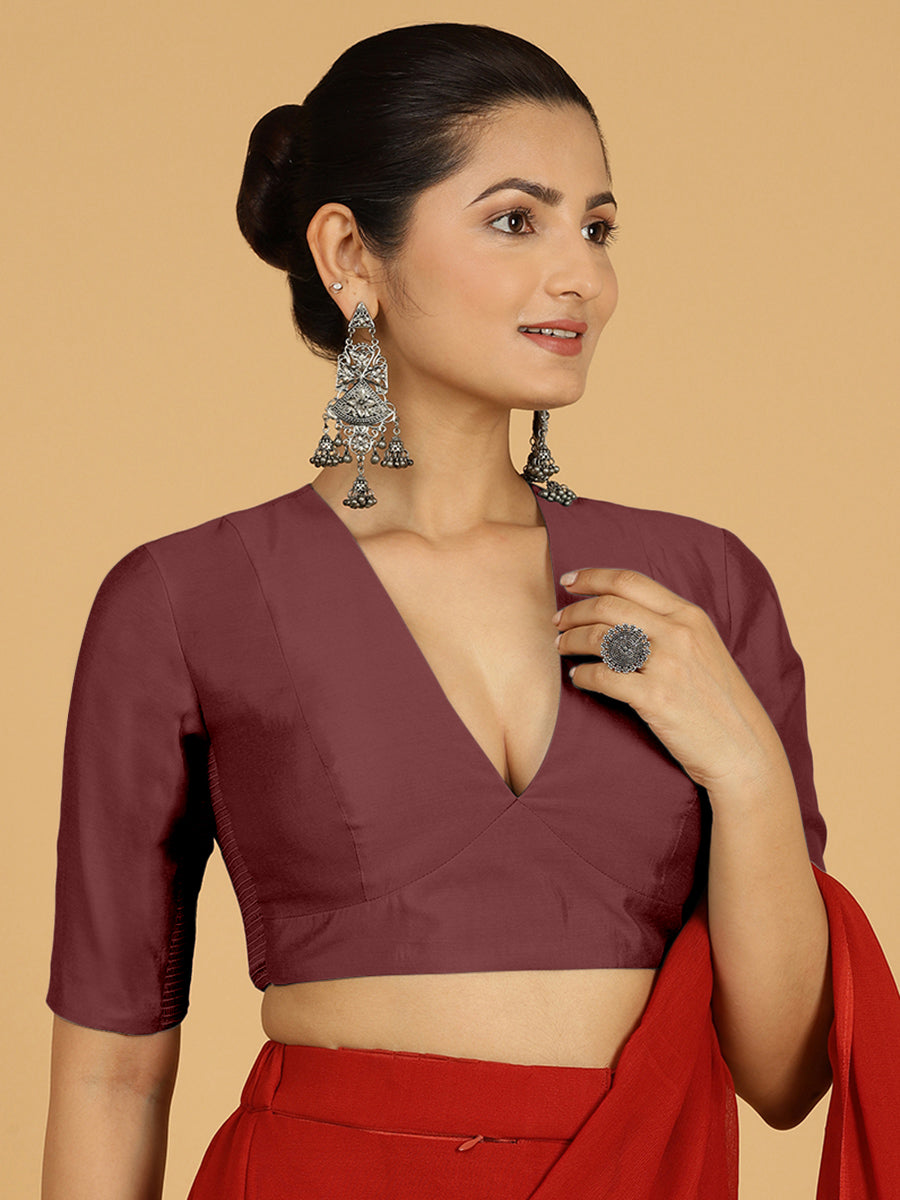 Damini x Rozaana Saree Blouse, in Maroon Viscose, featuring elbow sleeves and v-neckline, made for daily & work (view 6).