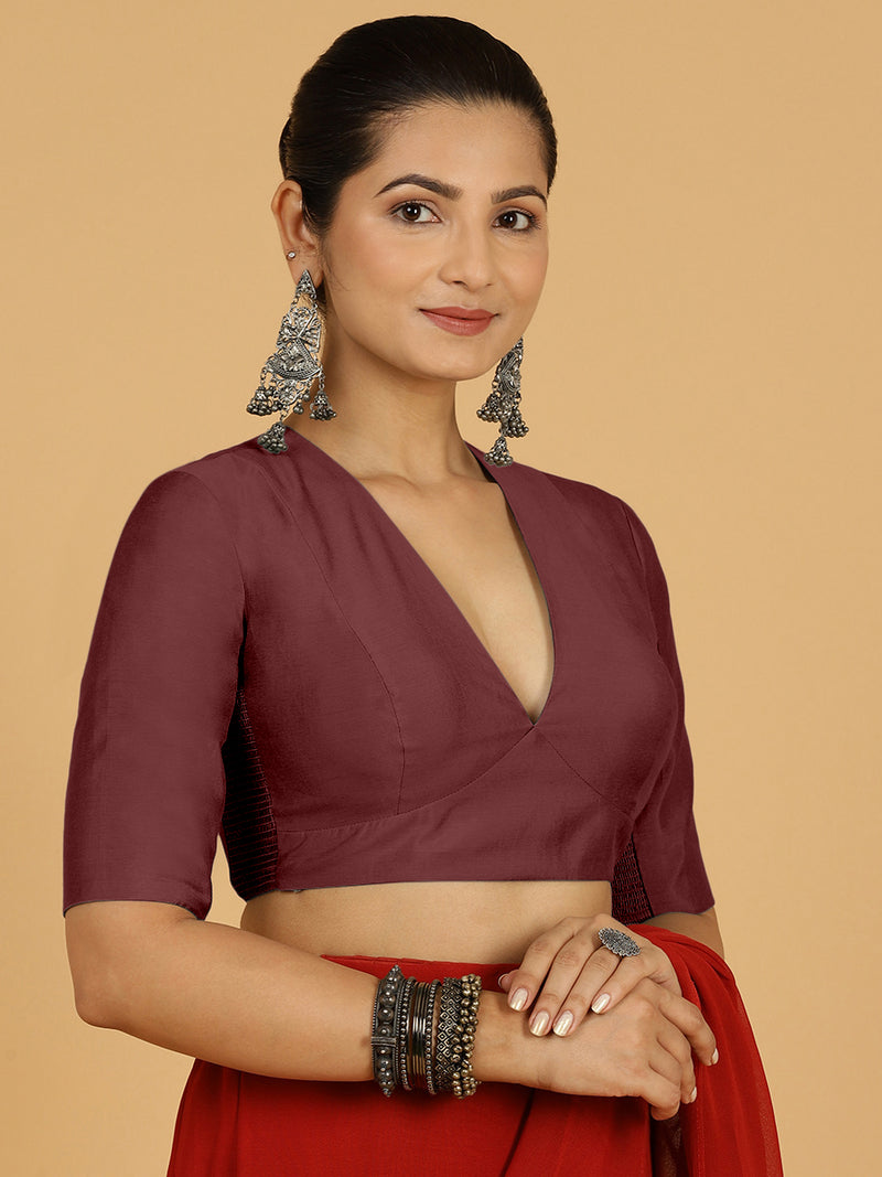 Damini x Rozaana | Deep Maroon Elbow Sleeves V-Neck Saree Blouse-Binks