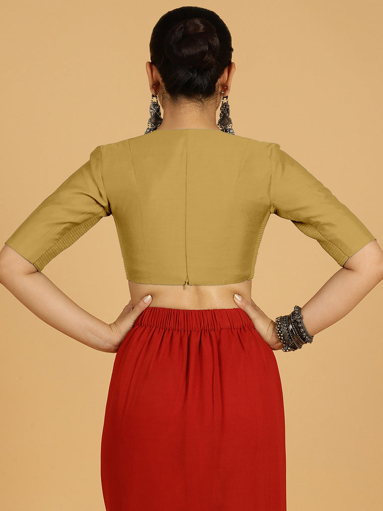 Damini x Rozaana Saree Blouse, in Yellow Viscose, featuring elbow sleeves and v-neckline, made for daily & work (view 2).
