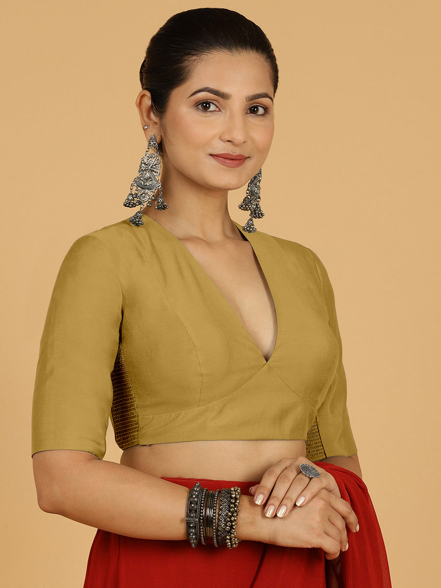 Damini x Rozaana Saree Blouse, in Yellow Viscose, featuring elbow sleeves and v-neckline, made for daily & work (view 8).