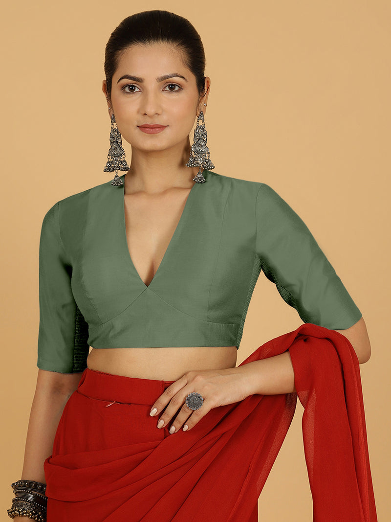 Damini x Rozaana | Hunter Green Elbow Sleeves V-Neck Saree Blouse-Binks