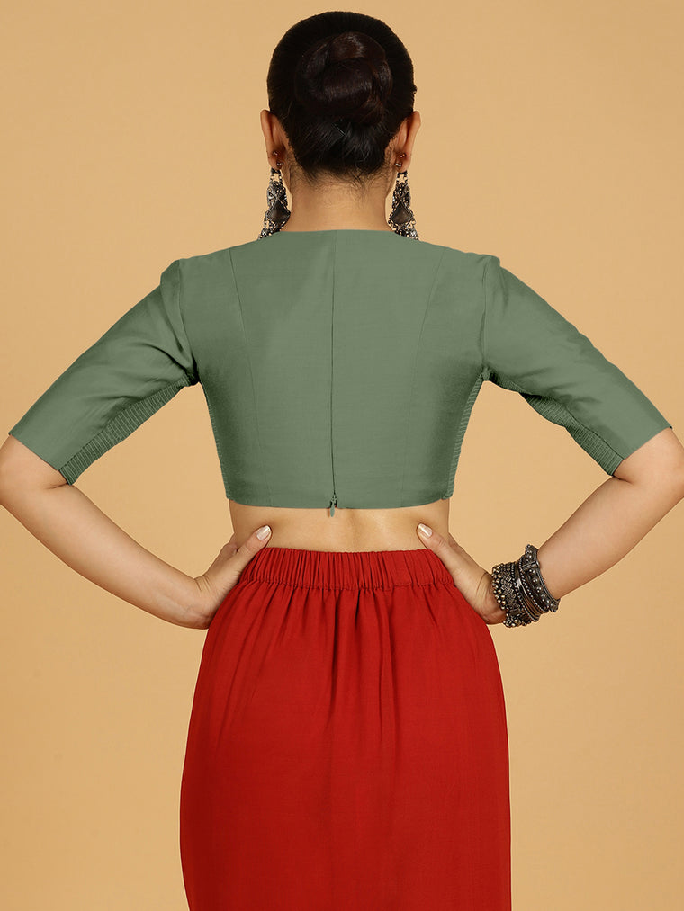Damini x Rozaana Saree Blouse, in Green Viscose, featuring elbow sleeves and v-neckline, made for daily & work (view 2).