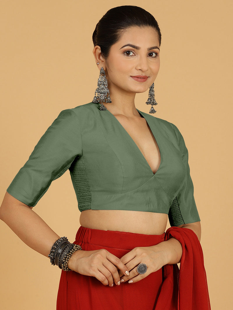 Damini x Rozaana | Hunter Green Elbow Sleeves V-Neck Saree Blouse-Binks