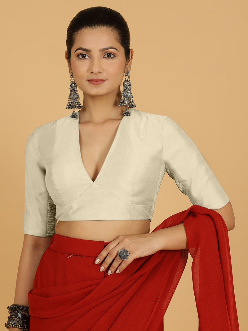 Damini x Rozaana | Ivory Elbow Sleeves V-Neck Saree Blouse-Binks
