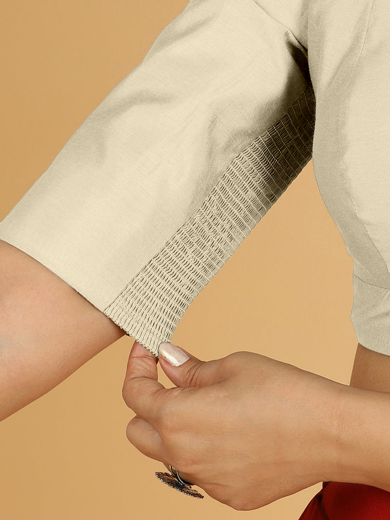 Damini x Rozaana | Ivory Elbow Sleeves V-Neck Saree Blouse-Binks