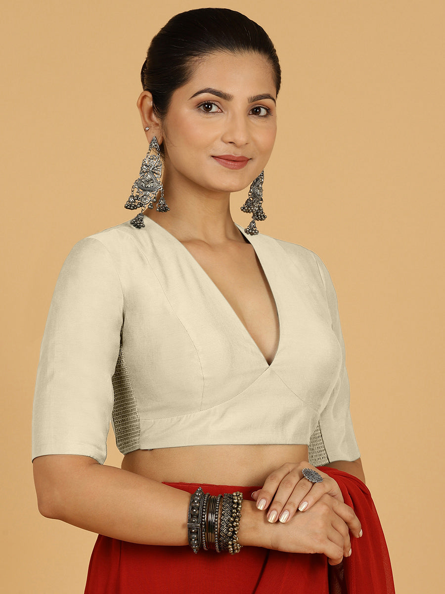 Damini x Rozaana Saree Blouse, in White Viscose, featuring elbow sleeves and v-neckline, made for daily & work (view 8).