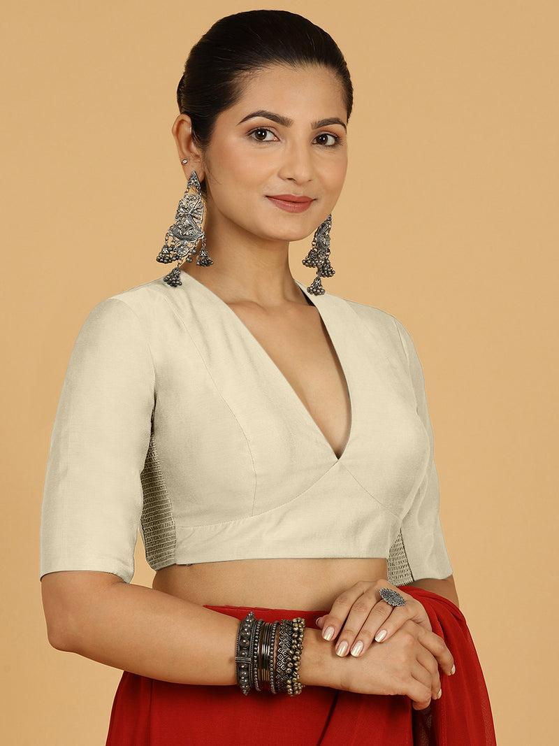 Damini x Rozaana | Ivory Elbow Sleeves V-Neck Saree Blouse-Binks