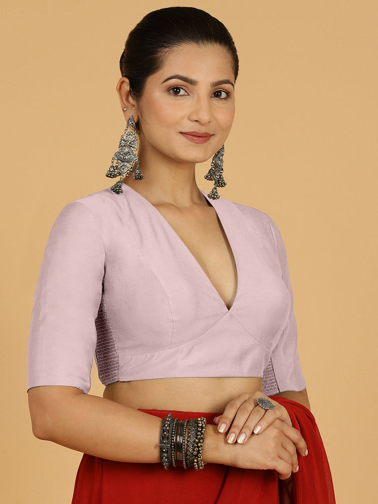 Damini x Rozaana Saree Blouse, in Pink Viscose, featuring elbow sleeves and v-neckline, made for daily & work.