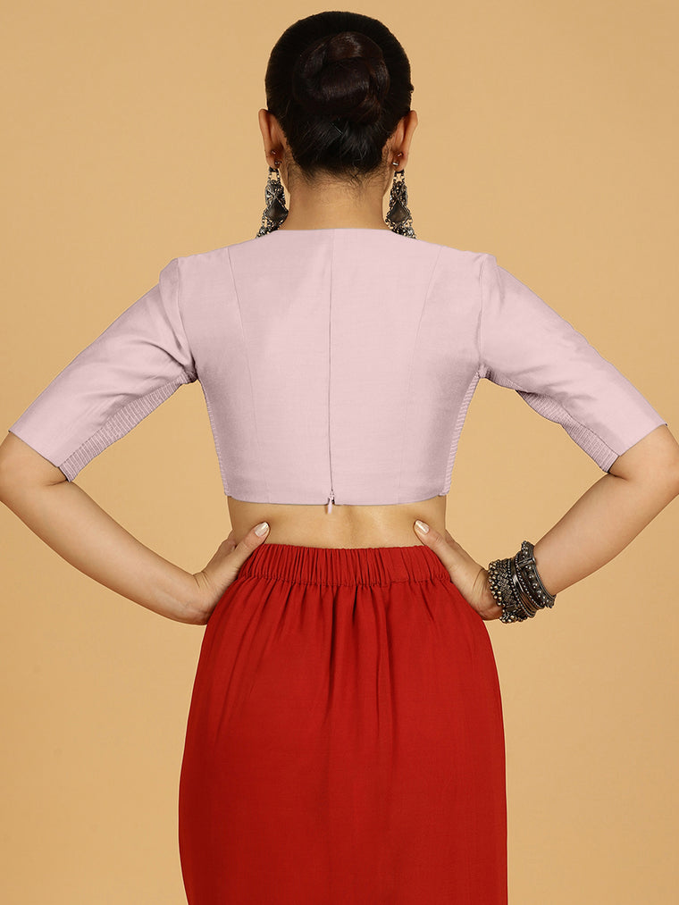 Damini x Rozaana Saree Blouse, in Pink Viscose, featuring elbow sleeves and v-neckline, made for daily & work (view 2).