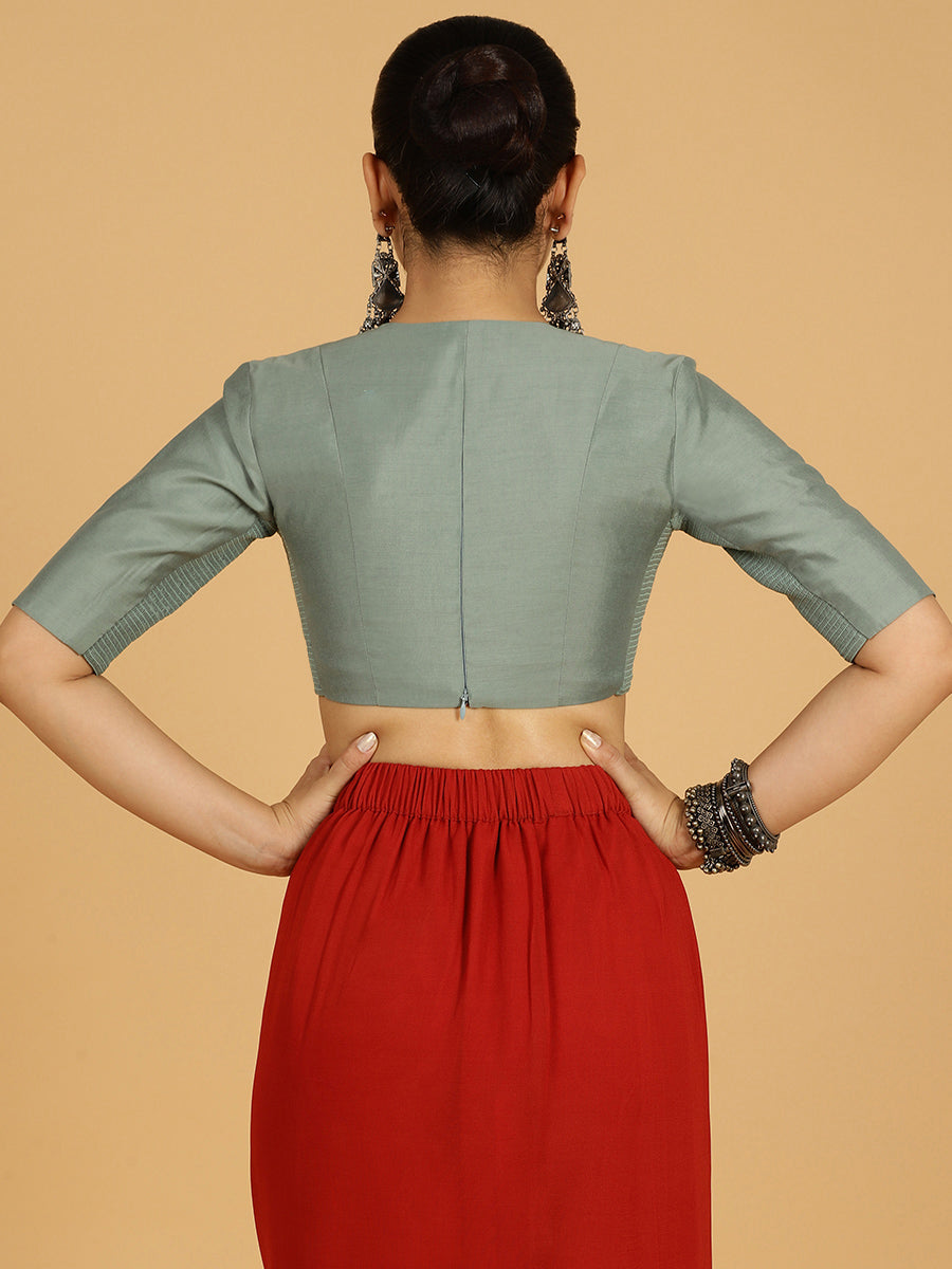 Damini x Rozaana Saree Blouse, in Green Viscose, featuring elbow sleeves and v-neckline, made for daily & work (view 2).