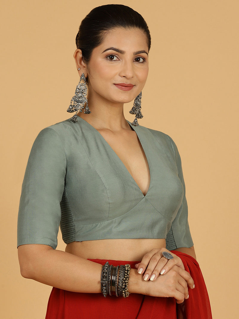 Damini x Rozaana | Mint Green Elbow Sleeves V-Neck Saree Blouse-Binks