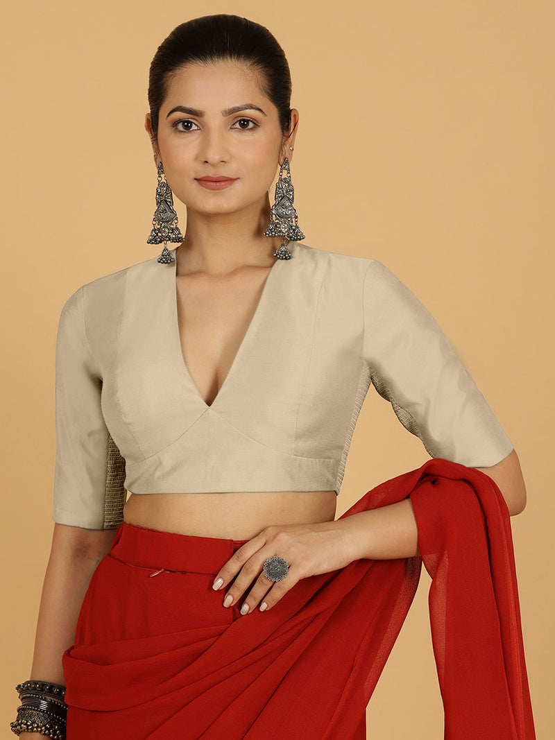 Damini x Rozaana | Oyster Grey Elbow Sleeves V-Neck Saree Blouse-Binks