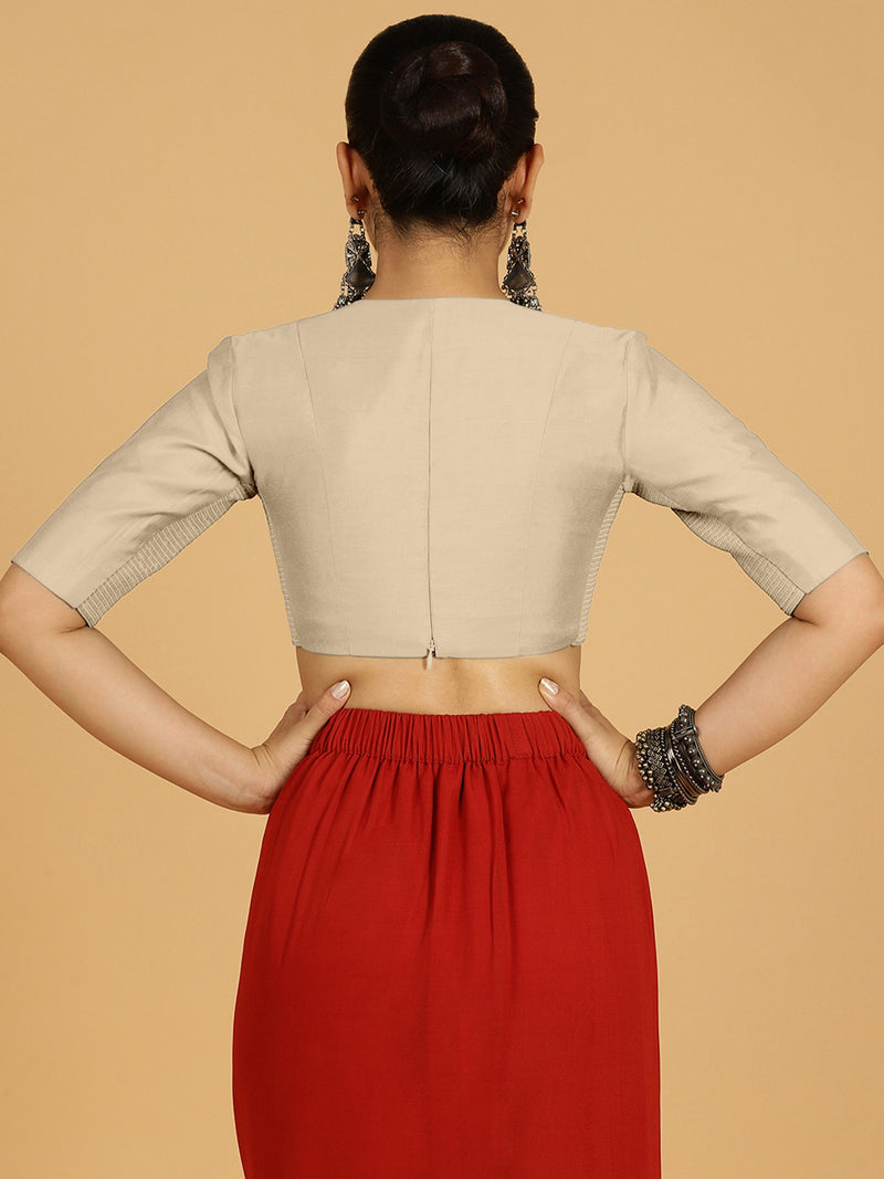 Damini x Rozaana | Oyster Grey Elbow Sleeves V-Neck Saree Blouse-Binks